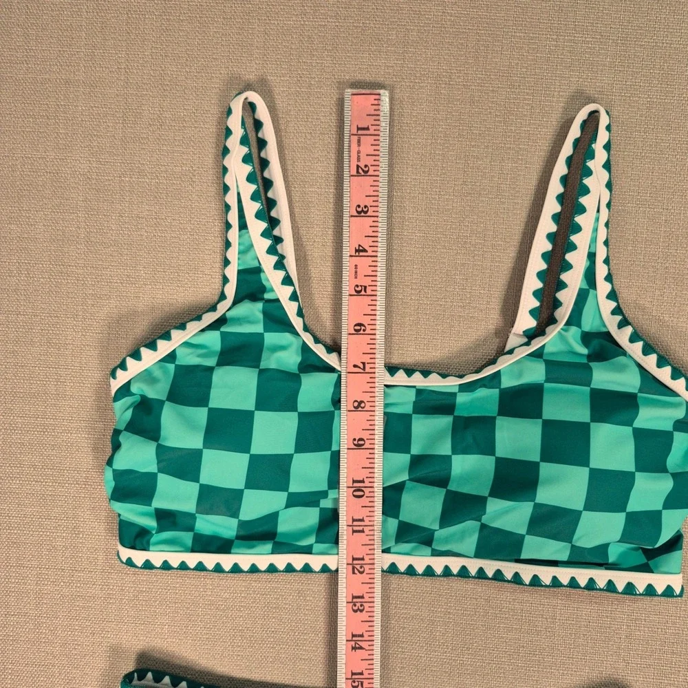Women Green Checkered Ric Rac High Waisted Bikini Set Size L NWOT